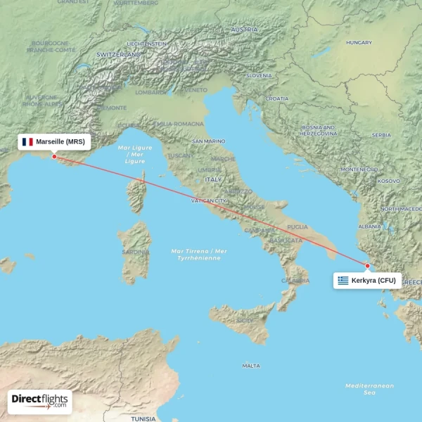 Kerkyra - Marseille direct flight map