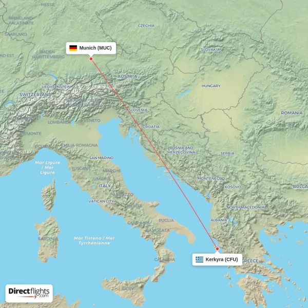 Kerkyra - Munich direct flight map