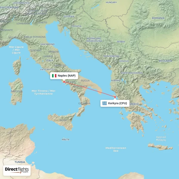 Kerkyra - Naples direct flight map
