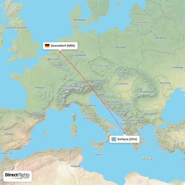 Kerkyra - Dusseldorf direct flight map
