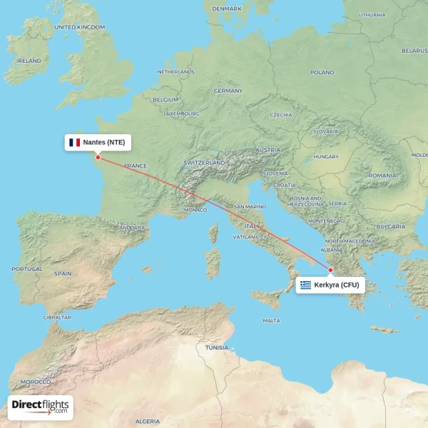 Kerkyra - Nantes direct flight map