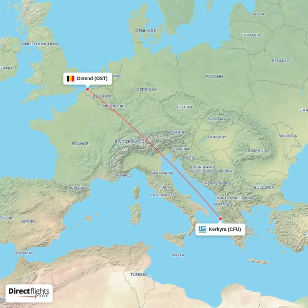 Kerkyra - Ostend direct flight map