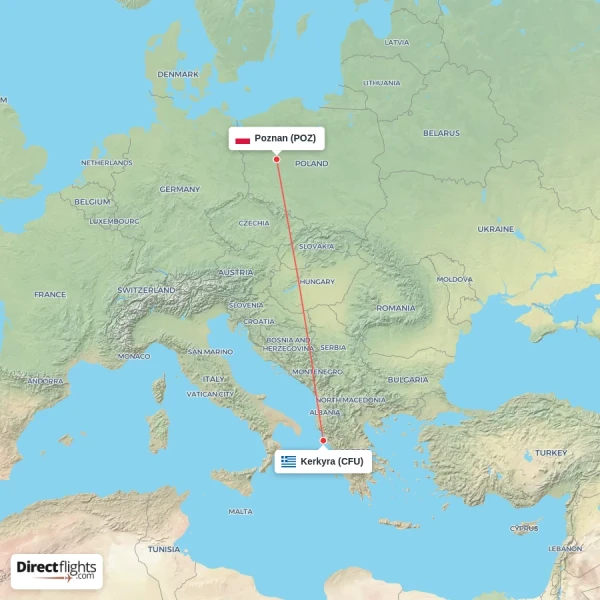 Kerkyra - Poznan direct flight map