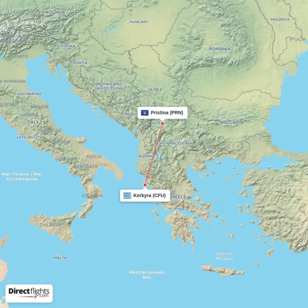 Kerkyra - Pristina direct flight map