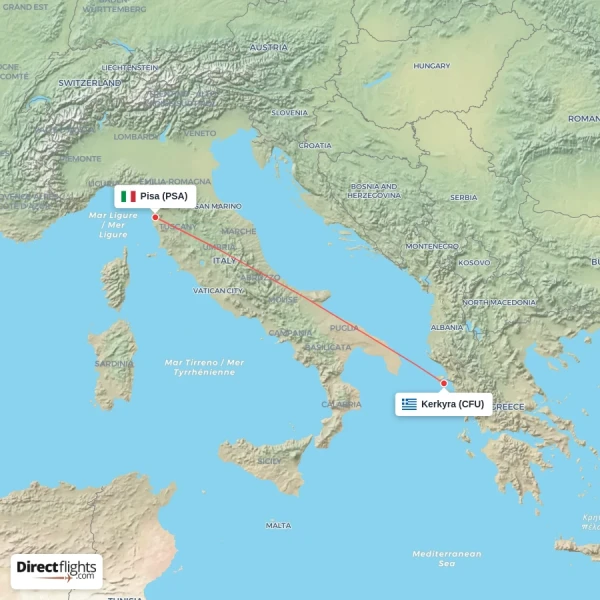 Kerkyra - Pisa direct flight map