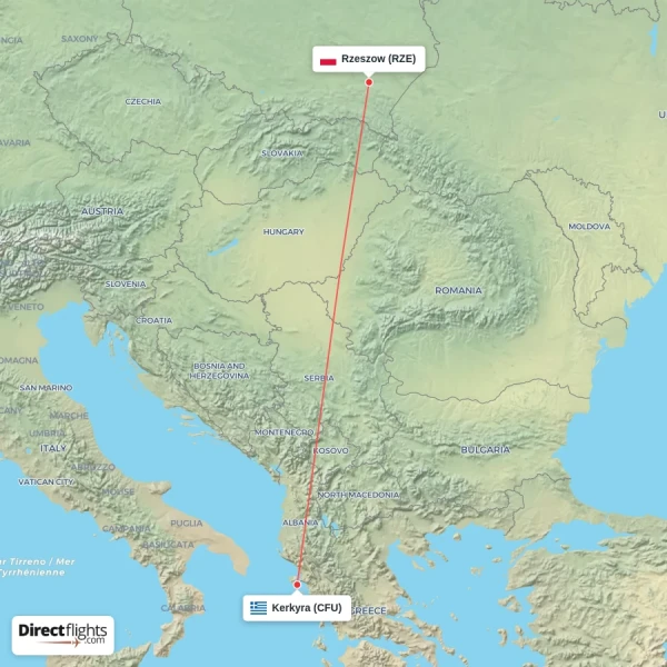 Kerkyra - Rzeszow direct flight map