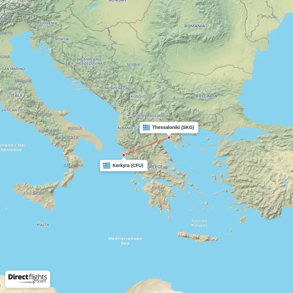 Kerkyra - Thessaloniki direct flight map