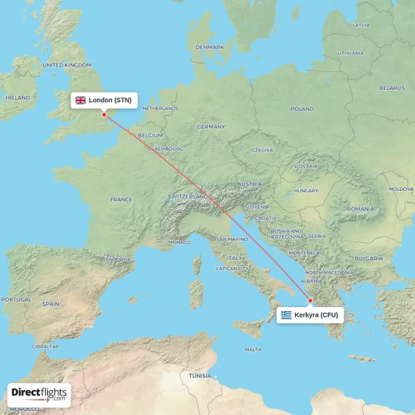 Kerkyra - London direct flight map
