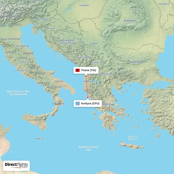 Kerkyra - Tirana direct flight map