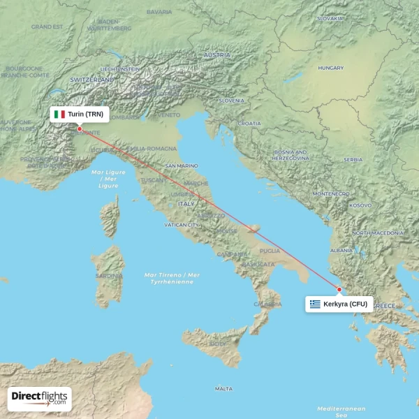 Kerkyra - Turin direct flight map