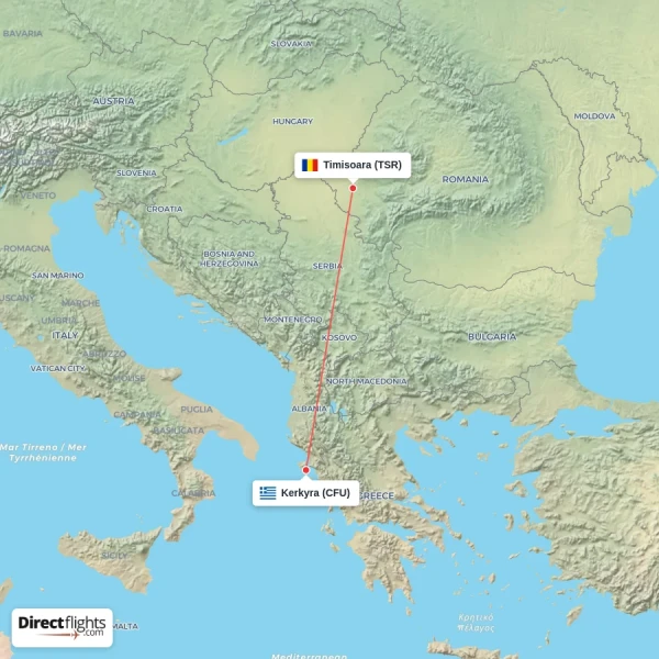 Kerkyra - Timisoara direct flight map