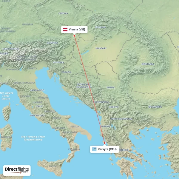 Kerkyra - Vienna direct flight map
