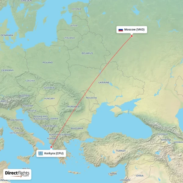 Kerkyra - Moscow direct flight map