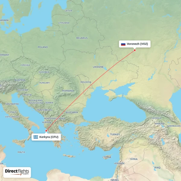 Kerkyra - Voronezh direct flight map