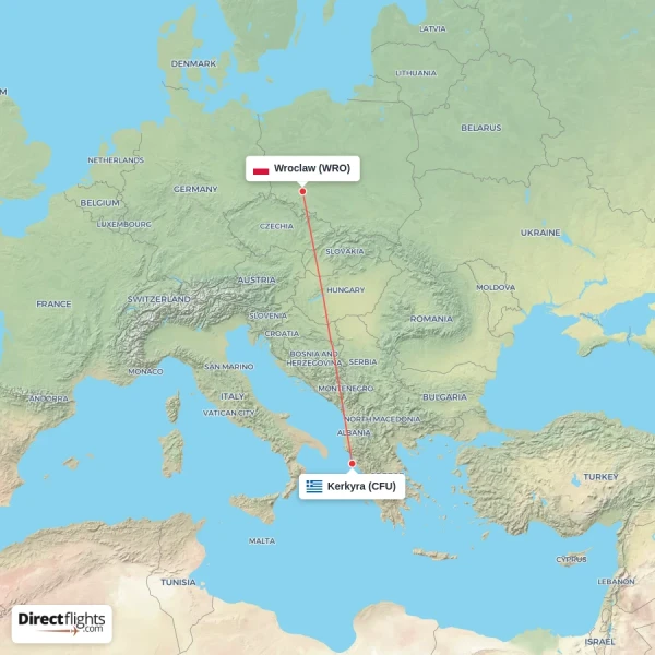Kerkyra - Wroclaw direct flight map