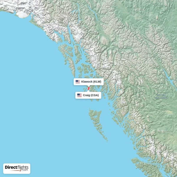 Craig - Klawock direct flight map