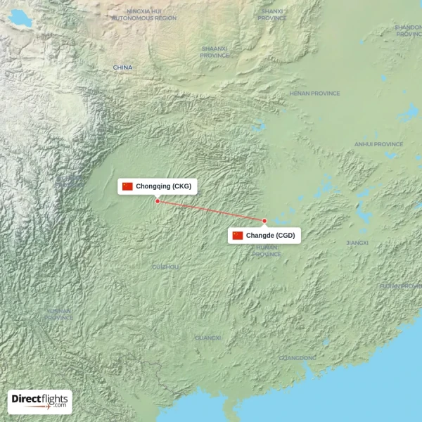 Changde - Chongqing direct flight map