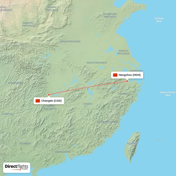 Changde - Hangzhou direct flight map