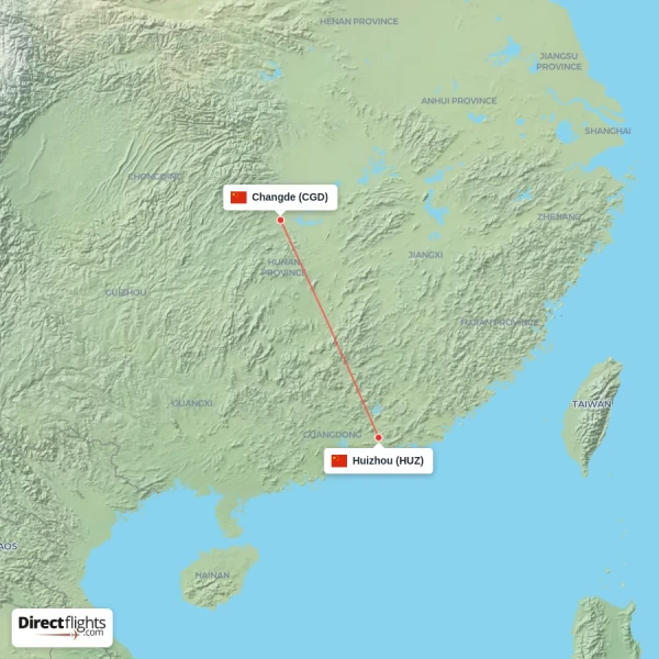 Changde - Huizhou direct flight map
