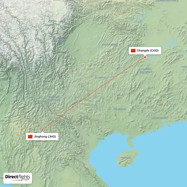 Changde - Jinghong direct flight map