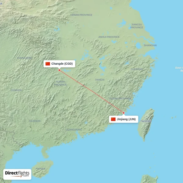 Changde - Jinjiang direct flight map