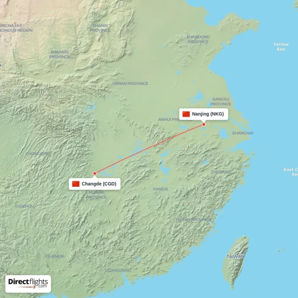 Changde - Nanjing direct flight map