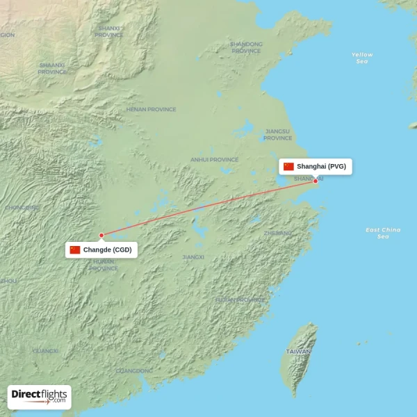 Changde - Shanghai direct flight map