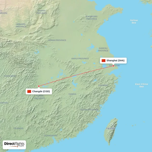 Changde - Shanghai direct flight map