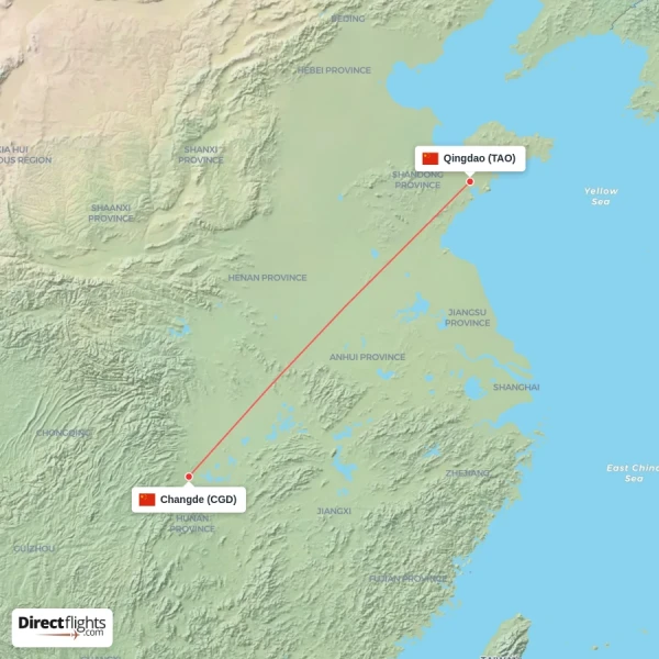 Changde - Qingdao direct flight map