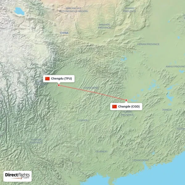 Changde - Chengdu direct flight map