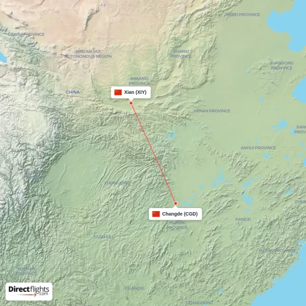 Changde - Xian direct flight map
