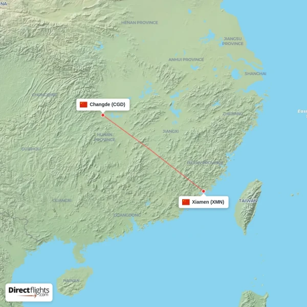 Changde - Xiamen direct flight map