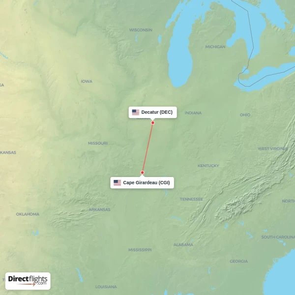 Cape Girardeau - Decatur direct flight map