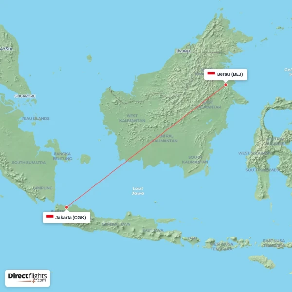 Jakarta - Berau direct flight map