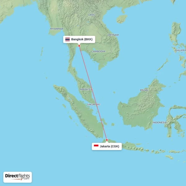 Jakarta - Bangkok direct flight map
