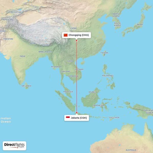 Jakarta - Chongqing direct flight map