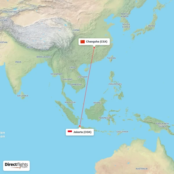 Jakarta - Changsha direct flight map