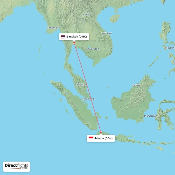 Jakarta - Bangkok direct flight map