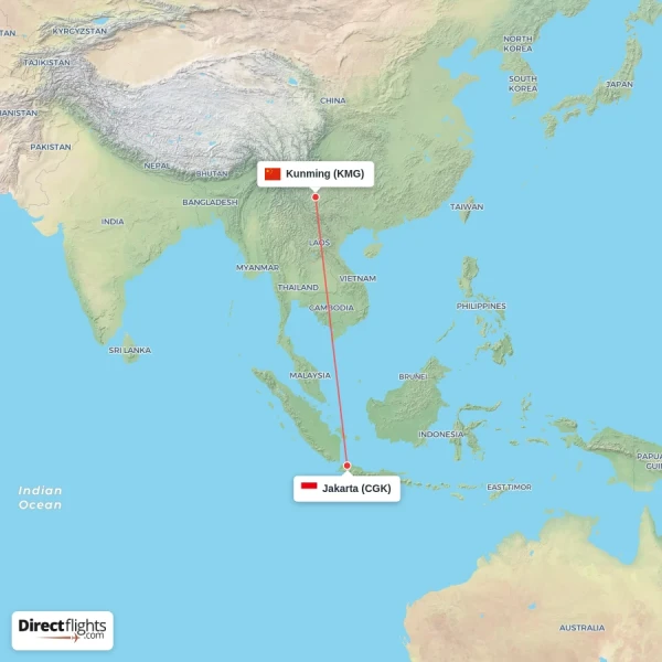 Jakarta - Kunming direct flight map