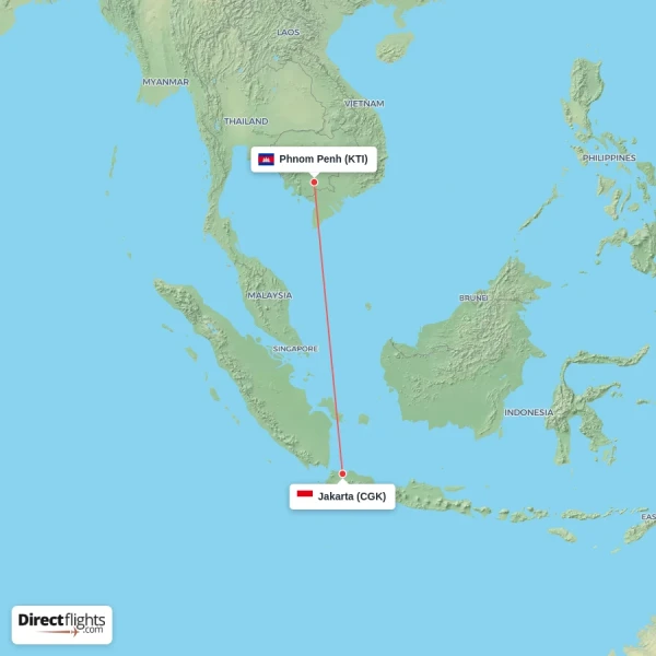 Jakarta - Phnom Penh direct flight map