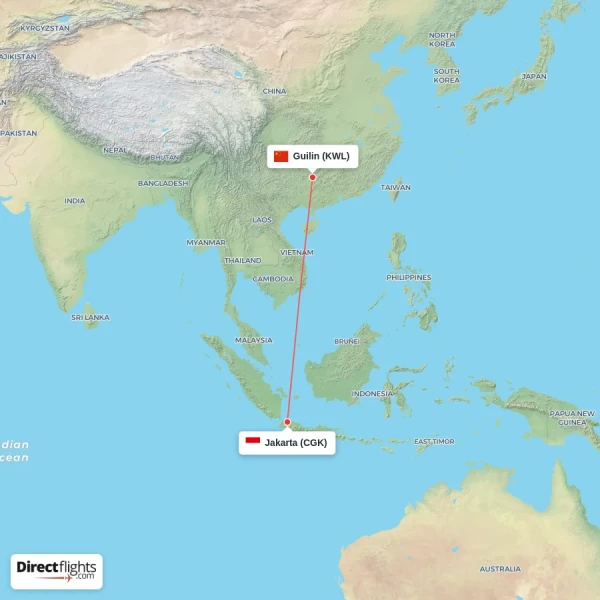 Jakarta - Guilin direct flight map
