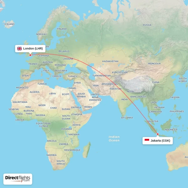 Jakarta - London direct flight map