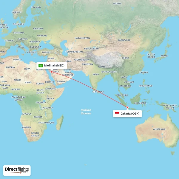 Jakarta - Madinah direct flight map
