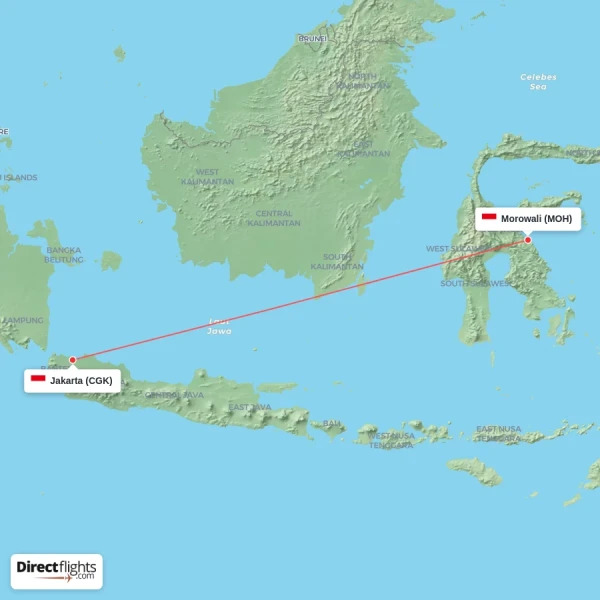 Jakarta - Morowali direct flight map