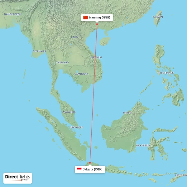 Jakarta - Nanning direct flight map