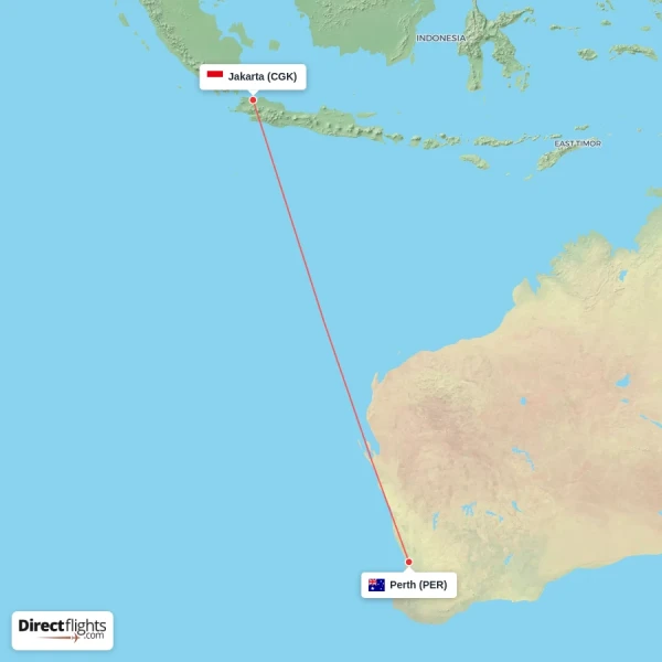 Jakarta - Perth direct flight map