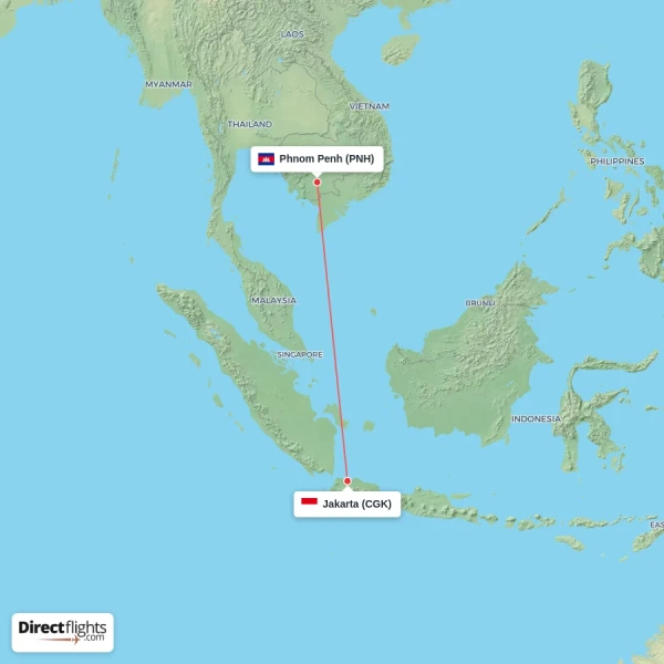 Jakarta - Phnom Penh direct flight map