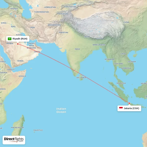 Jakarta - Riyadh direct flight map