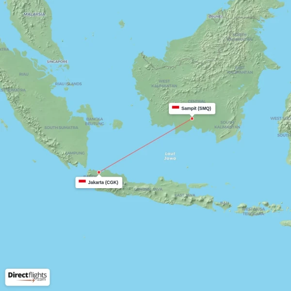 Jakarta - Sampit direct flight map