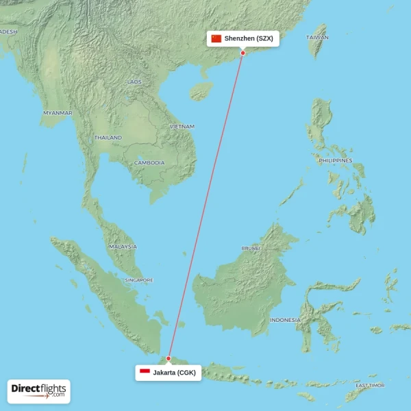 Jakarta - Shenzhen direct flight map